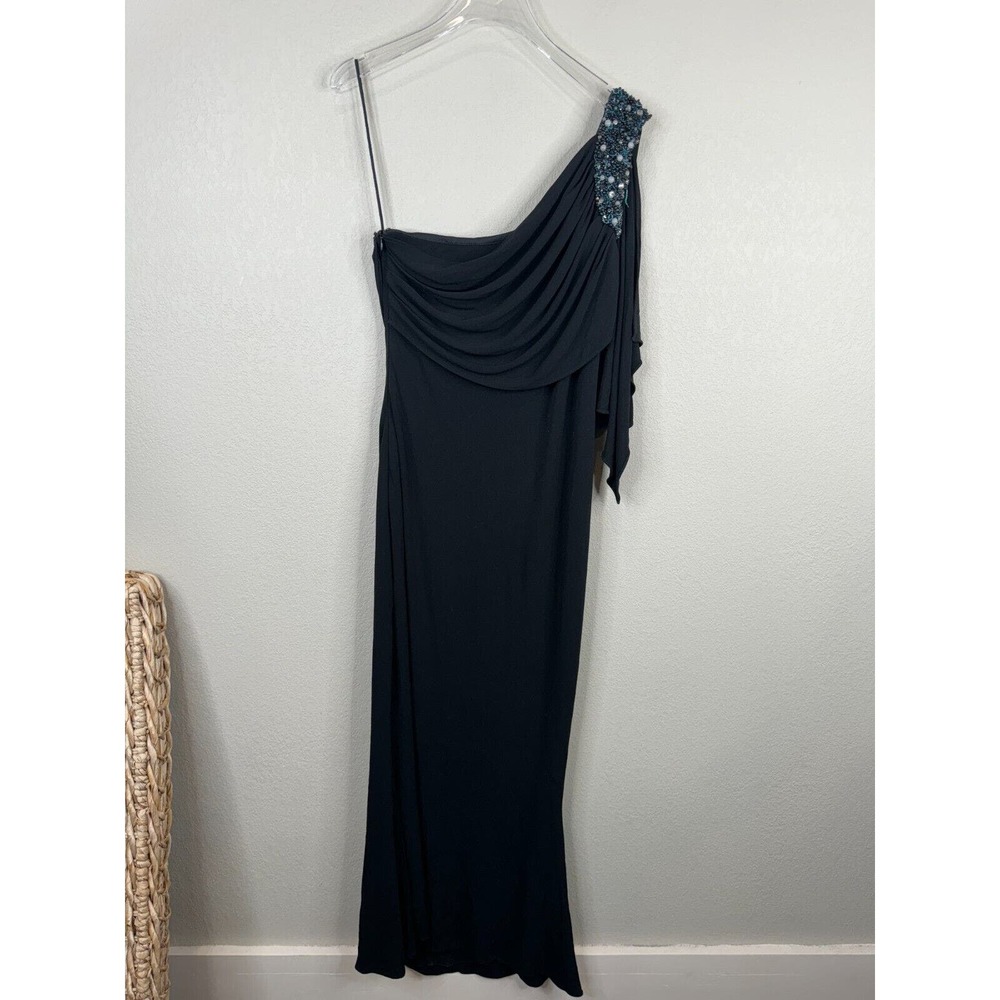 Badgley Mischka Dress Women's 10 Black Blue One Shoulderโ Ruffle Studded Zipper
